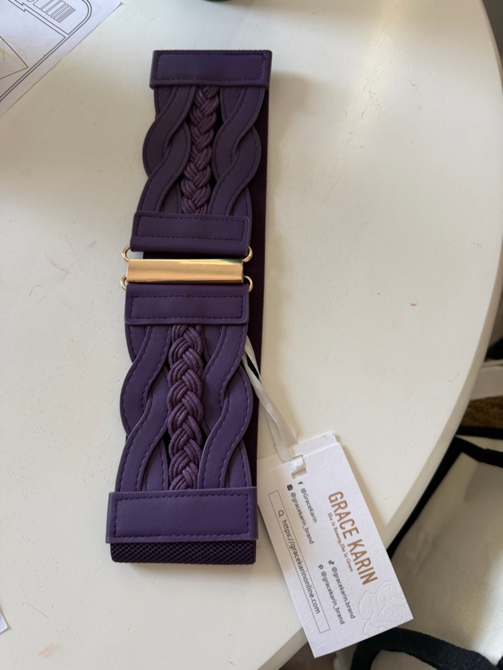 Grace Karin Purple Braided Wide Stretch Waist Belt with Gold Accent